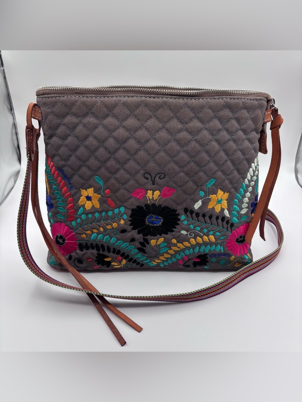 Consuela Embroidered Quilted Crossbody Bag - Gray Floral